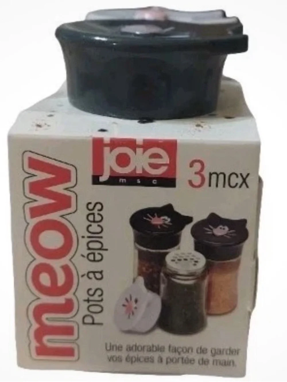 Joie Meow Cat Spice Jars - Black & White Lids with Pink Accents (3-Pack)